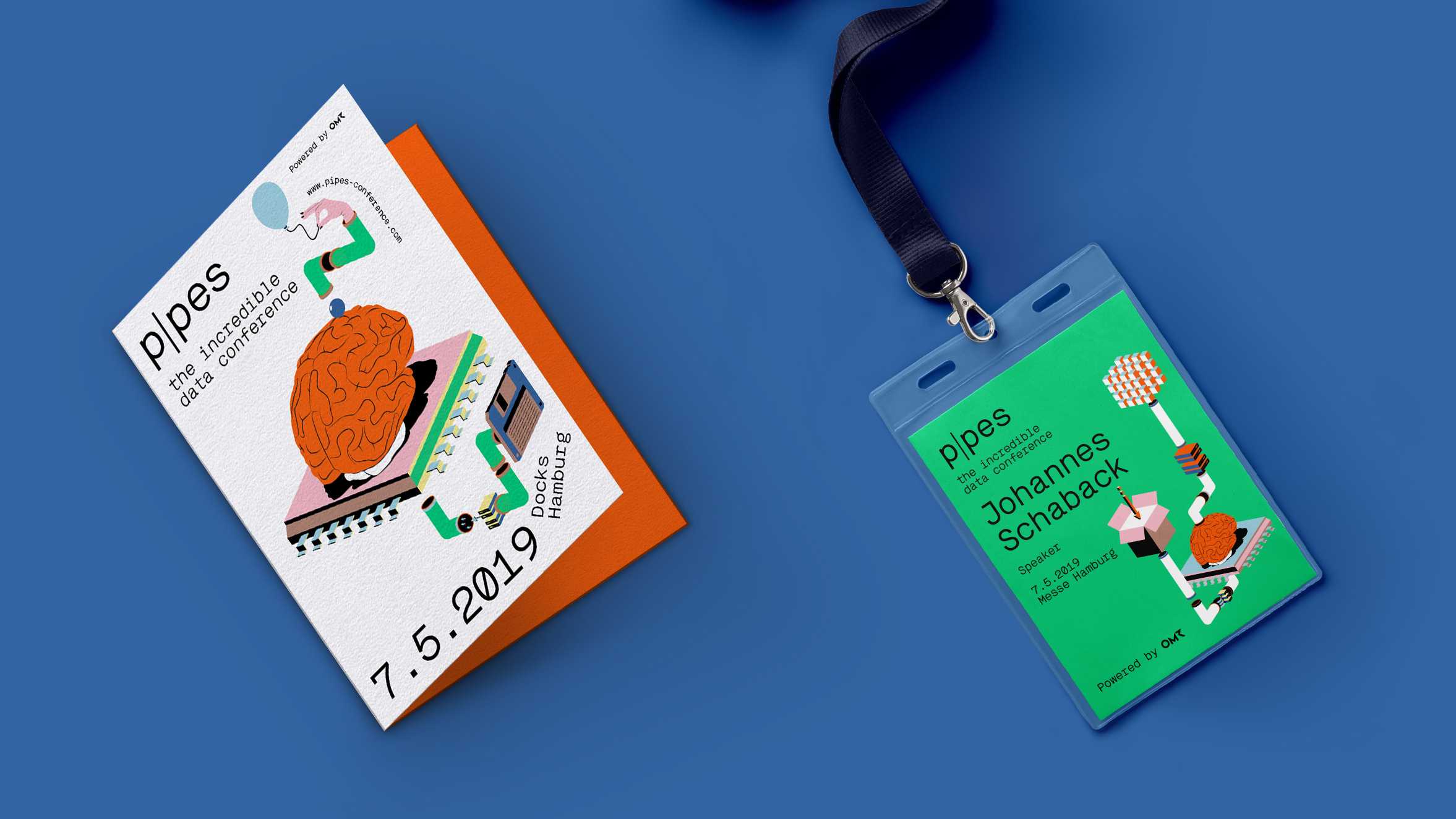 mockup of pipes conference lanyard and flyer