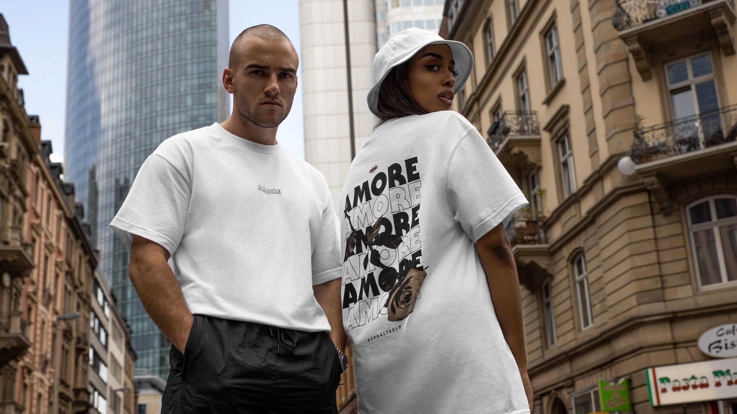Two models wearing the Amore shirt