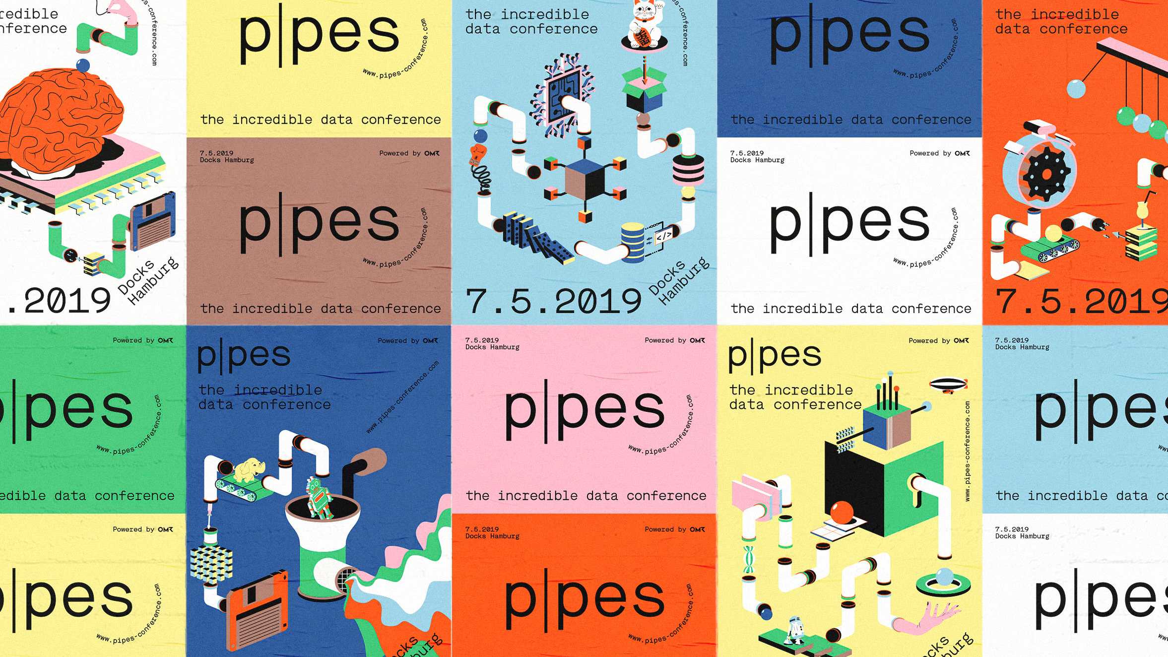 posterwall with different posters in pipes visual identity
