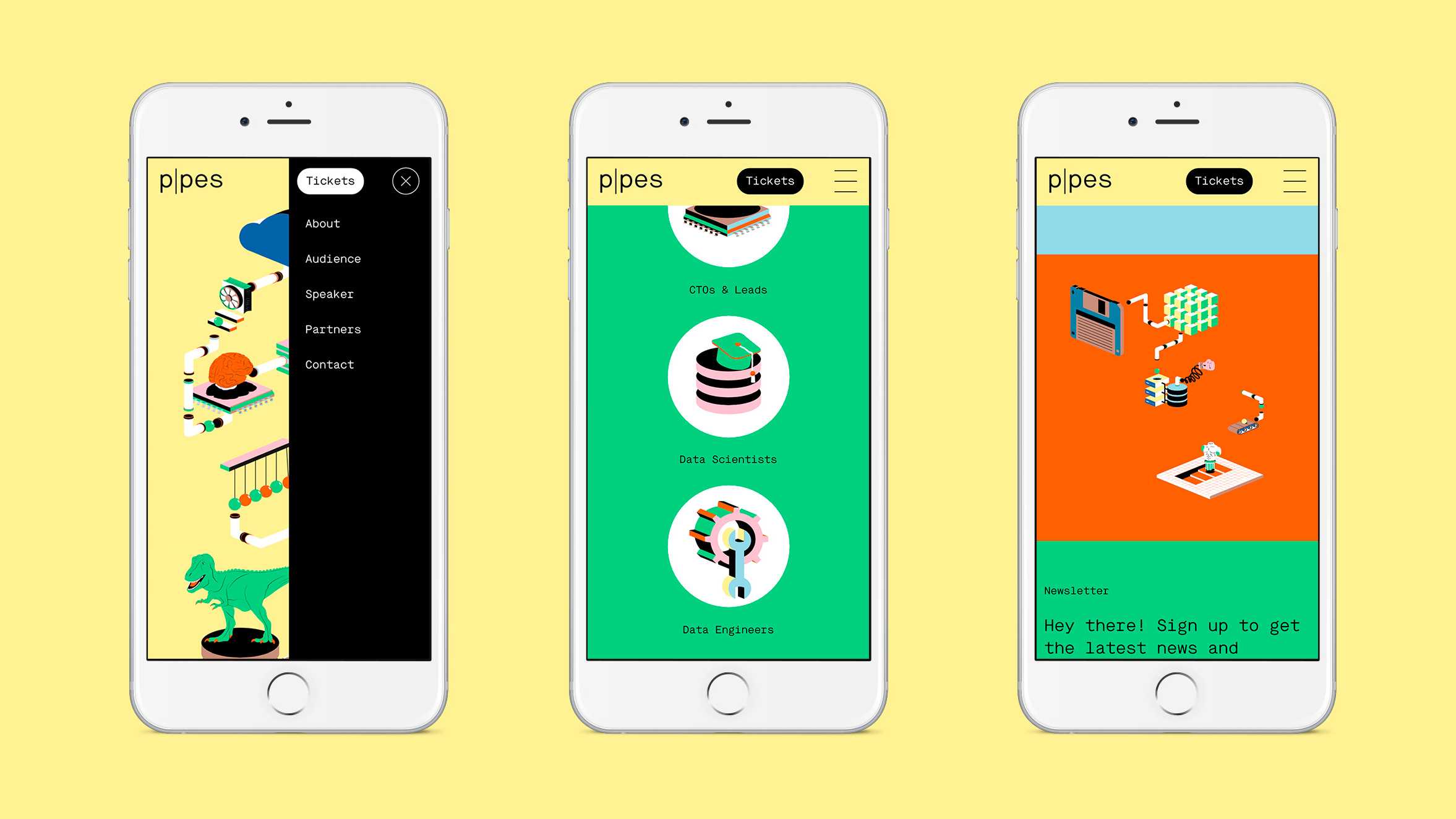 mockup of pipes website on 3 mobile screens