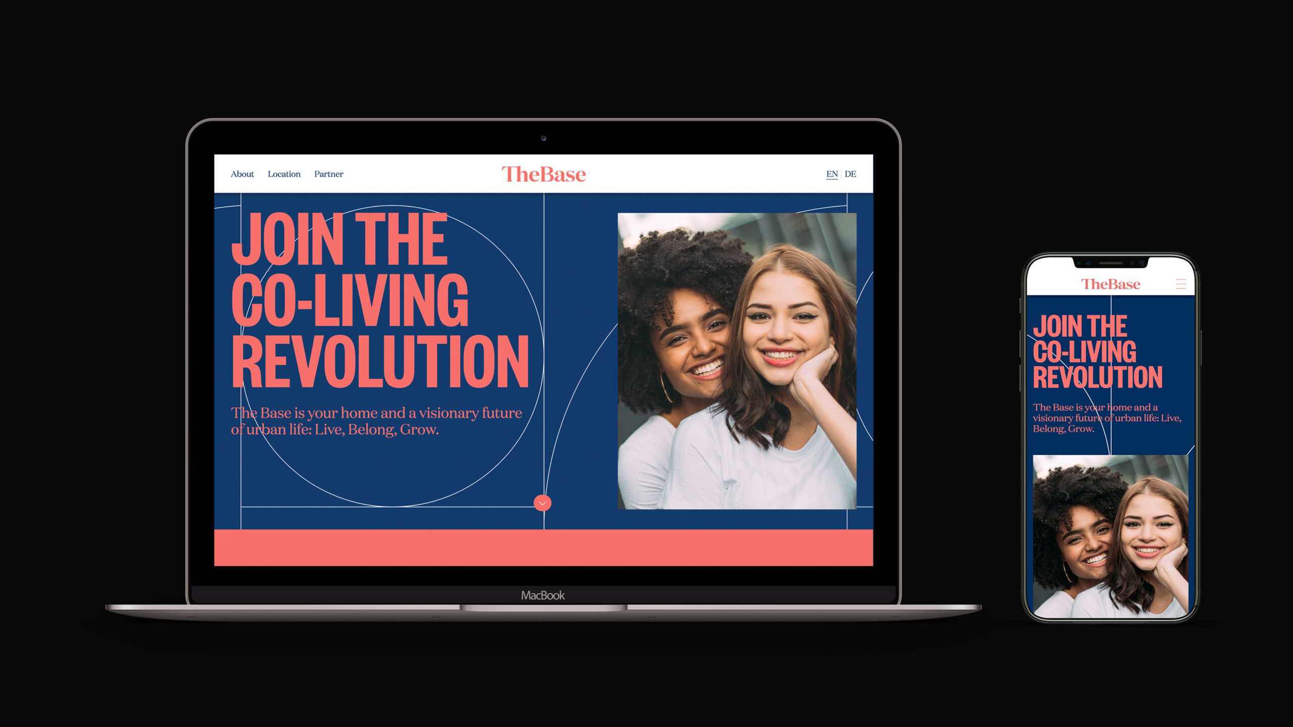 The Base website mockup on Laptop and mobile screen